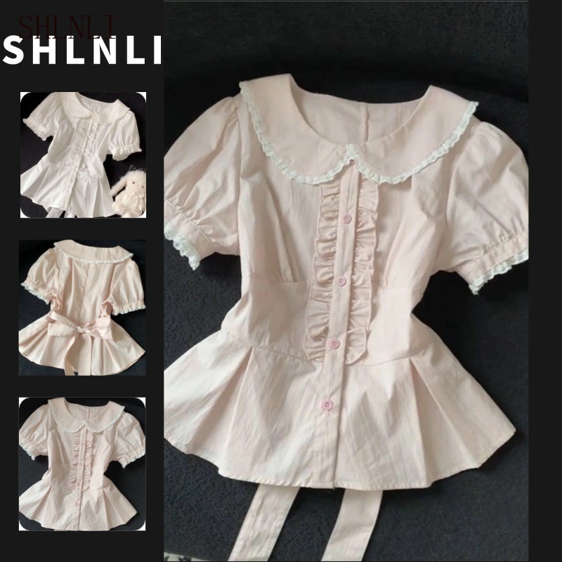 Blusa Feminina Renda Doce Gola Peter Pan Lolita Manga Bufante Babado Guarnição Tie-Back Peplum Camisa Curta