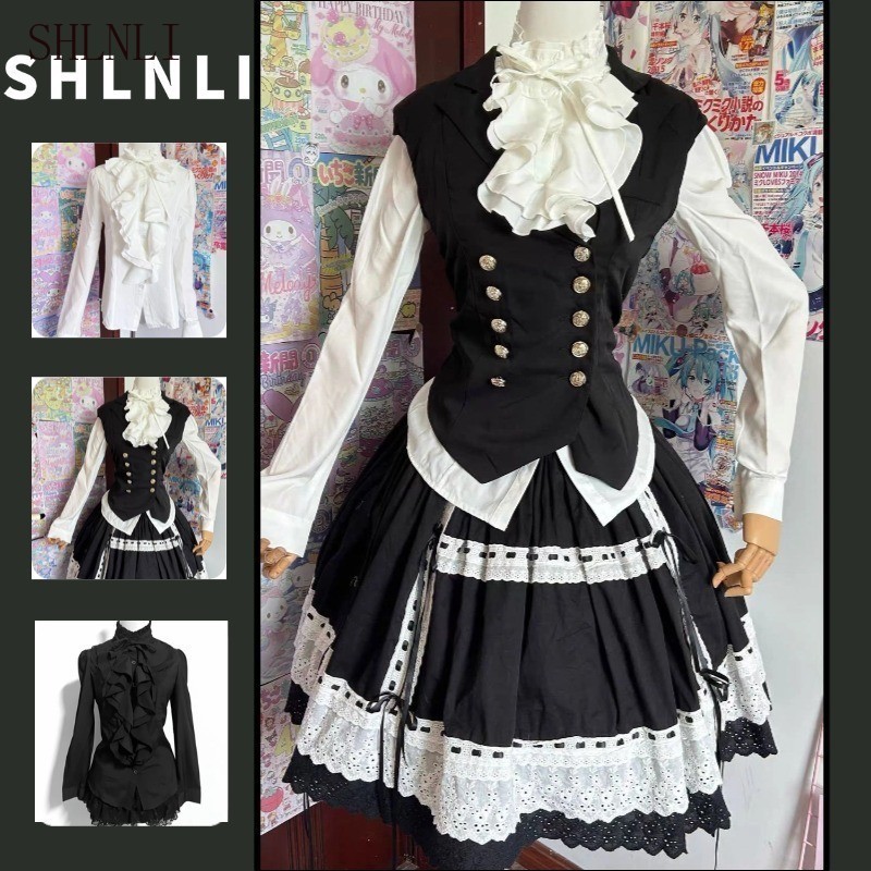 Lolita Plissado Renda Gola Camisa Feminina Amarrar Cintura Dobra Manga Comprida Primavera Outono Blusas