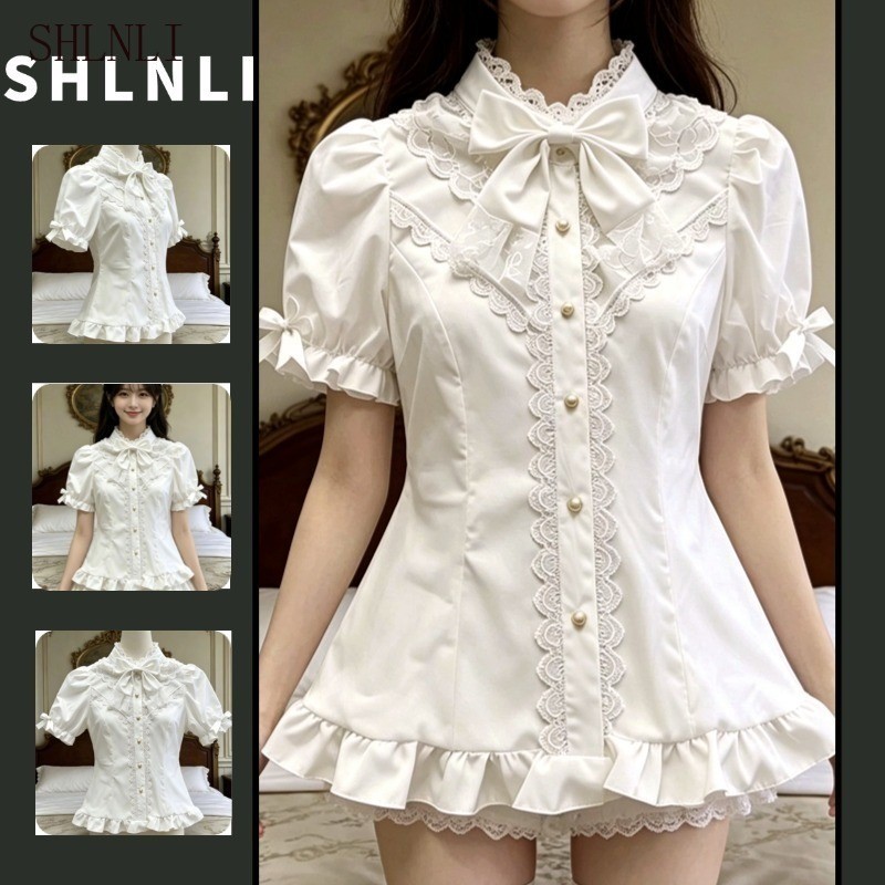 Lolita Feminina Fofa Vintage Top Cor Sólida Renda Guarnição Blusa De Manga Curta Primavera Verão