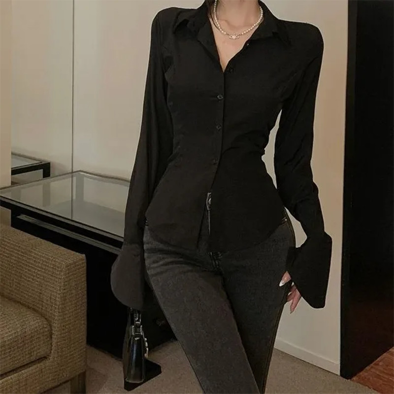 Preto Sino Manga Topo Blusas Vintage Espartilho Camisa Branca Feminina Longa Gótico Lolita Queimado Estilo Coreano Blusa
