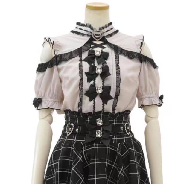Camisa Lolita Laço Fofo Arco De Renda Fivela Coração Oferta Ombro Top Landmine Style Jirai Kei