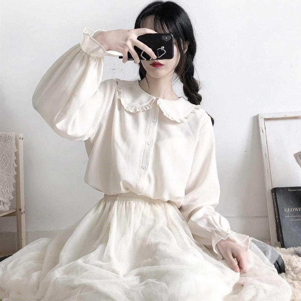 Doce estilo japonês JK boneca colarinho camisa feminina estudante Lolita fresco estilo Preppy solto manga longa Base ver