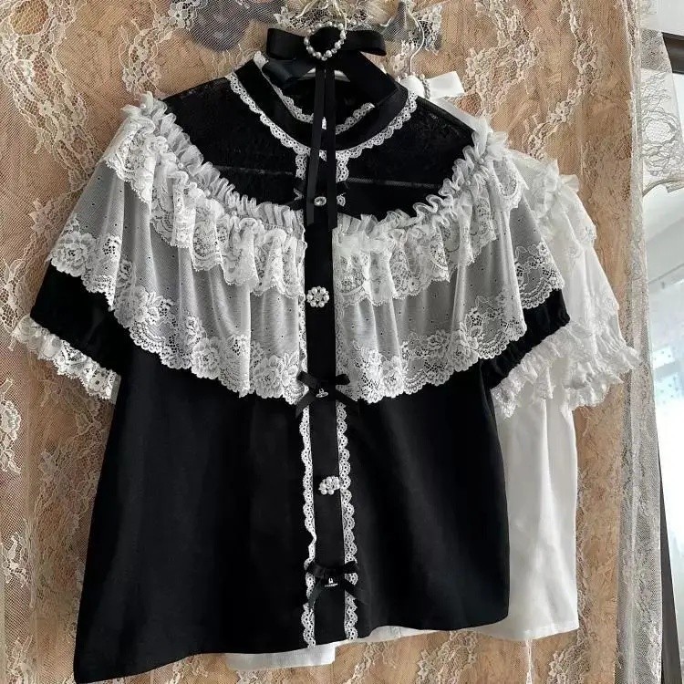 Camisas de renda femininas estilo Lolita vintage, blusa gótica Y2K com laço plissado, tops japoneses doces, elegantes e