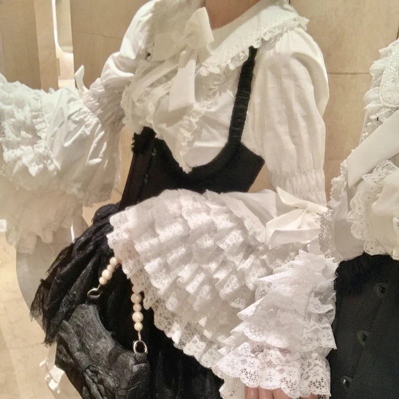 Camisas femininas estilo Lolita vintage, góticas Y2K, com laço, plissadas, de manga longa, blusas japonesas elegantes e