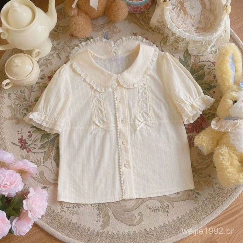 Lolita Camisa de manga curta com gola de boneca de verão fofa e doce