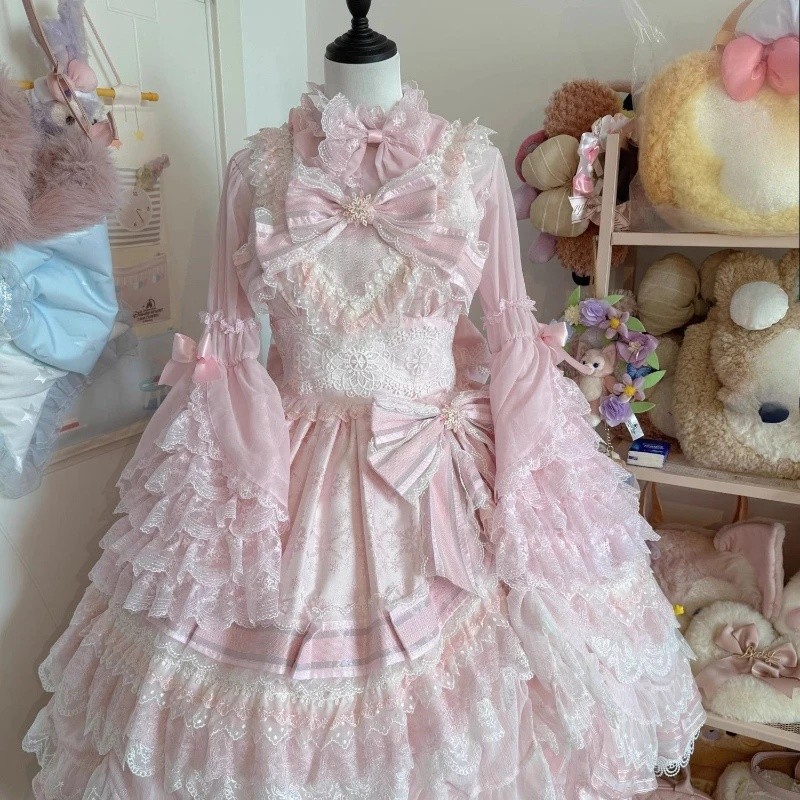 Camisa Lolita Japonesa com Mangas Largas, Estilo Y2K, Blusa Feminina com Laço Doce e Detalhes em Renda, Corte Justo e Fe
