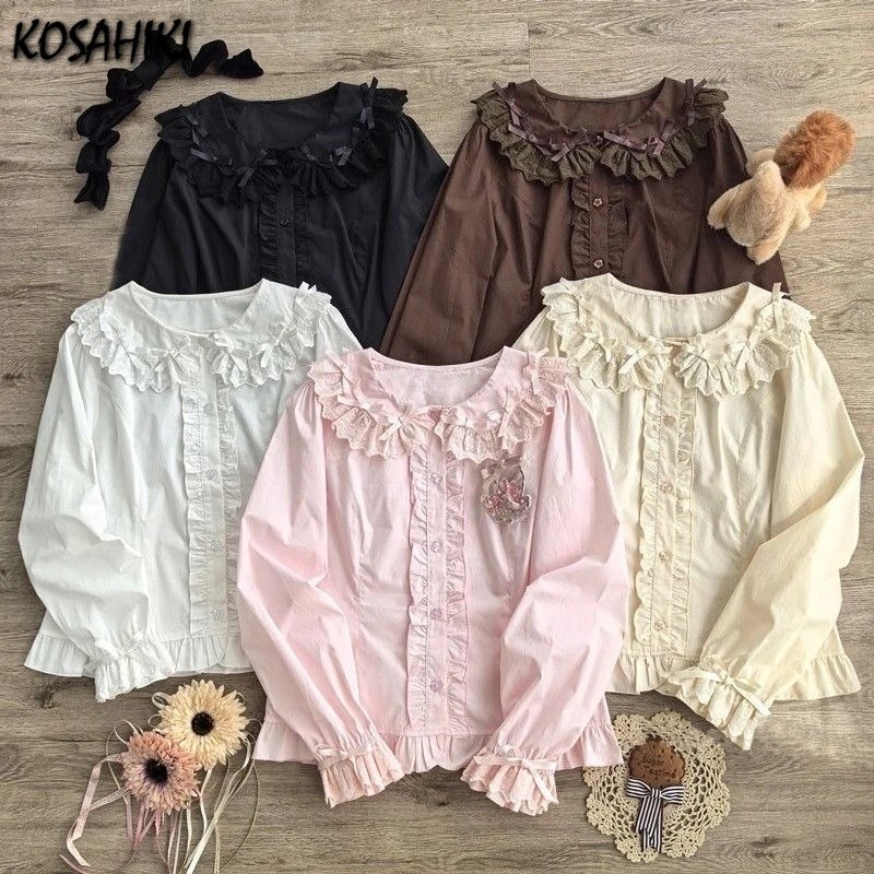 Camisa Sweet Lolita com Renda Japonesa e Patchwork, Manga Larga de Outono, Blusas Kawaii Fofas com Laço, Gola Estilo Fad
