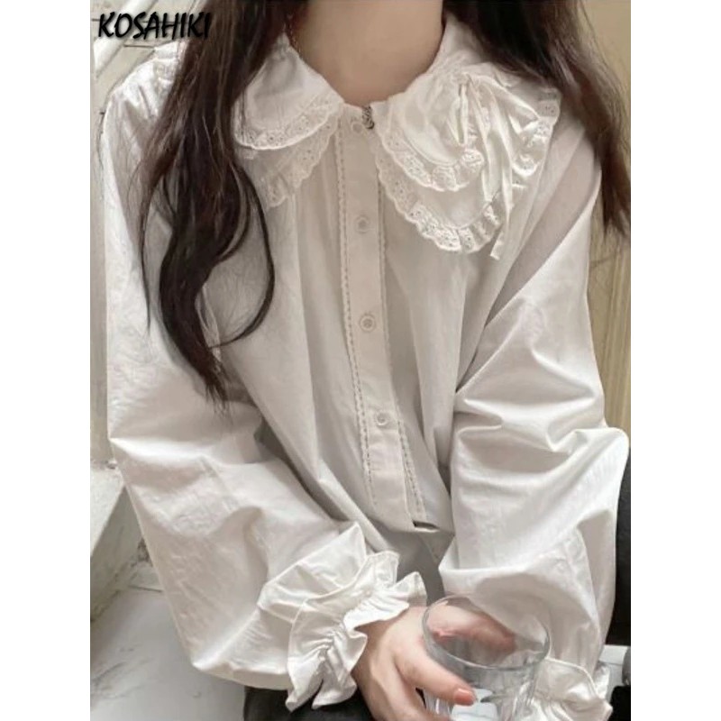 Camisa branca feminina KOSAHIKI, er Pan, blusas estilo preppy, tops de manga comprida com doce de pregas, roupas Lolita,