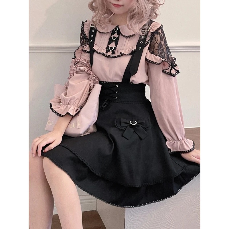 Blusa com Laço e Babados Y2K para Mulheres, Camisa de Renda Kawaii Japonesa, Top Elegante Lolita 2026