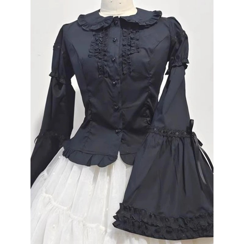 Blusa feminina estilo Lolita com gola, camisa japonesa kawaii, aplique de renda removível, manga longa, estética Y2K, bl