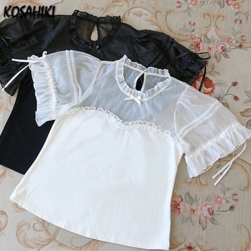Blusa Lolita Japonesa para Mulheres, Manga Bufante, Camisas em Patchwork, Blusas com Laço Kawaii, Babados Vazados, Estil