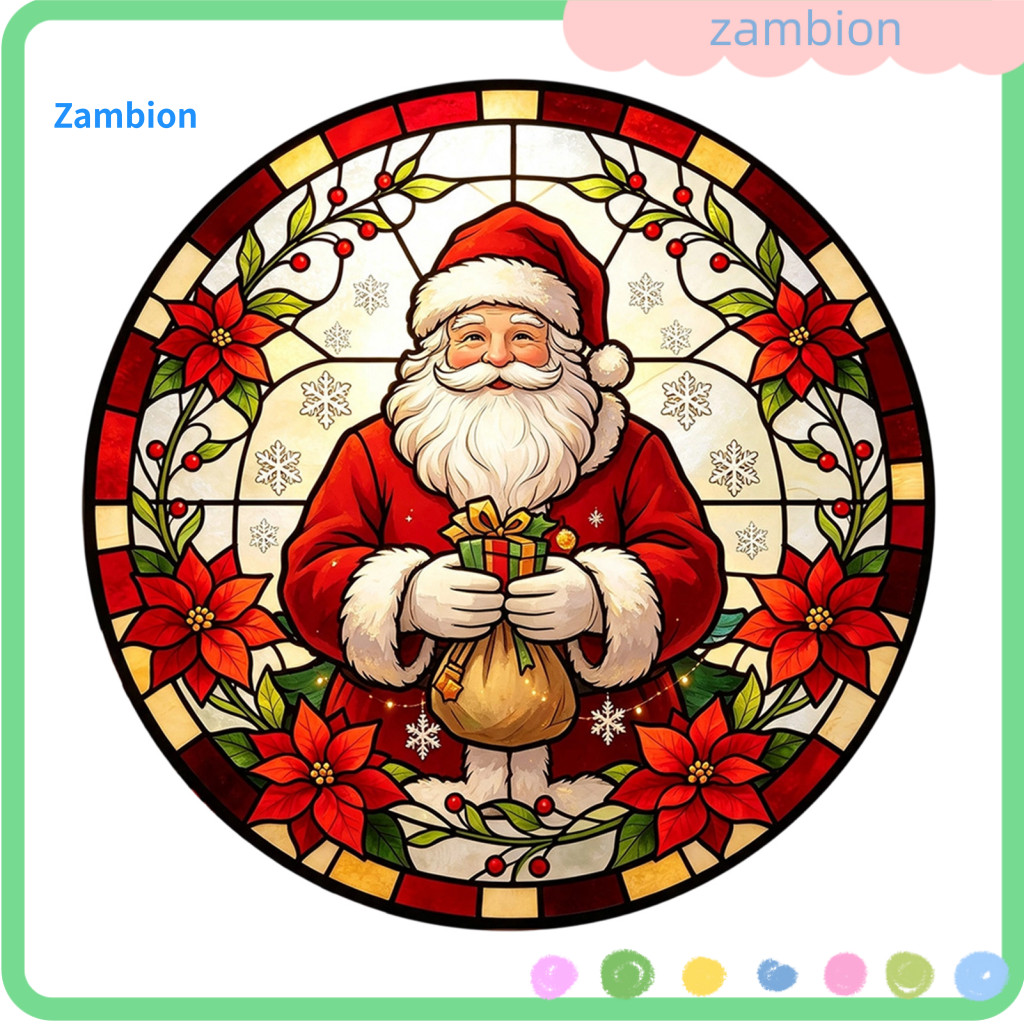 Christmas Static Window Clings Retro Stained Glass Decals Sticker Round Style Removable Cling Pvc Decal Santa for Festiv