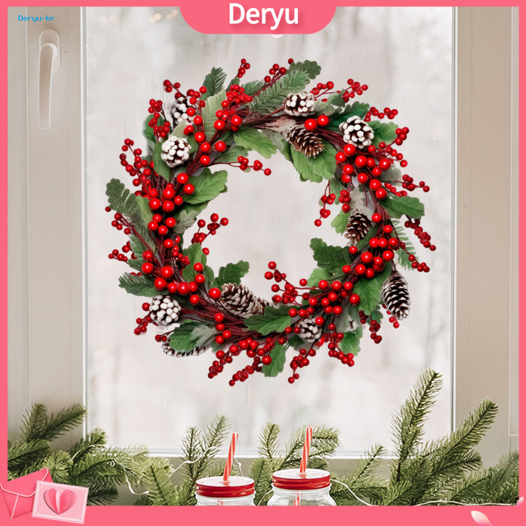 Holiday Glass Decals Christmas Party Supplies Wreath Wall Stickers with Berries Pine Cones Waterproof Pvc Window Clings