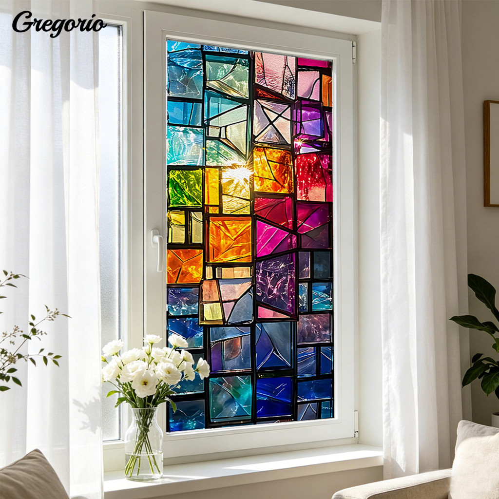 Privacy Glass Decal Static Sticker Cling Window Film Full Blackout Colorful Geometric Uv Blocking Heat Insulation Reusab