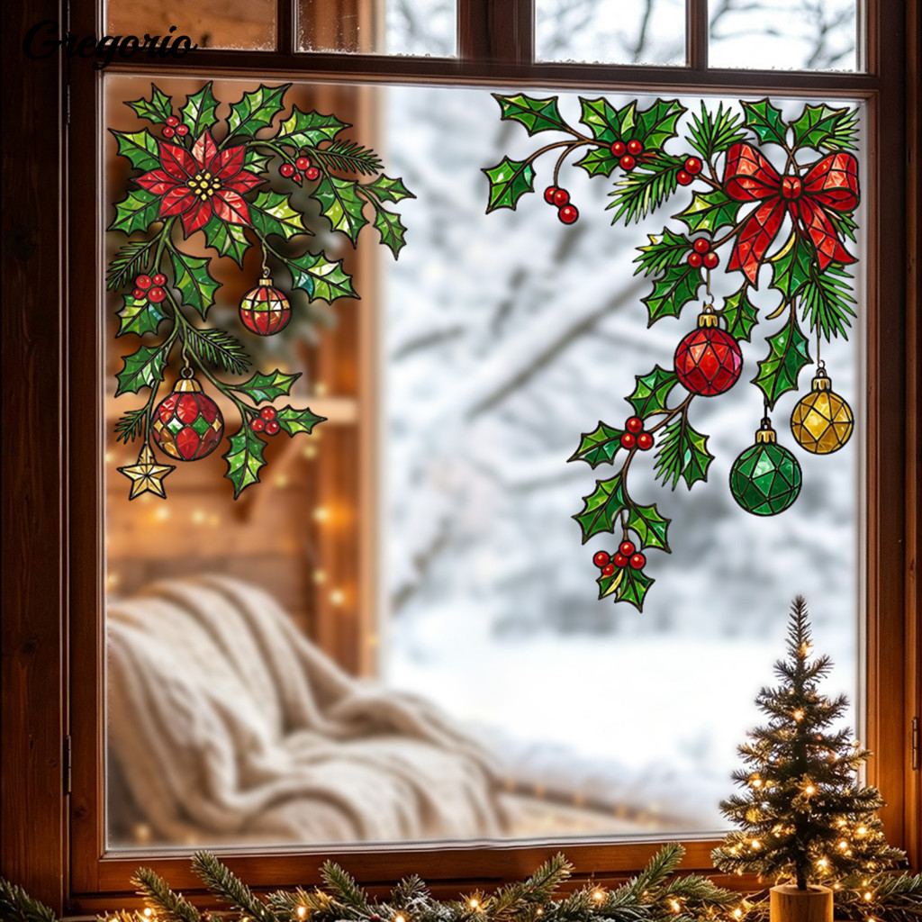 Static Window Cling Holiday Decoration 2pcs Christmas Clings Reusable No-glue Decals with Holly Poinsettia Bow – Festi