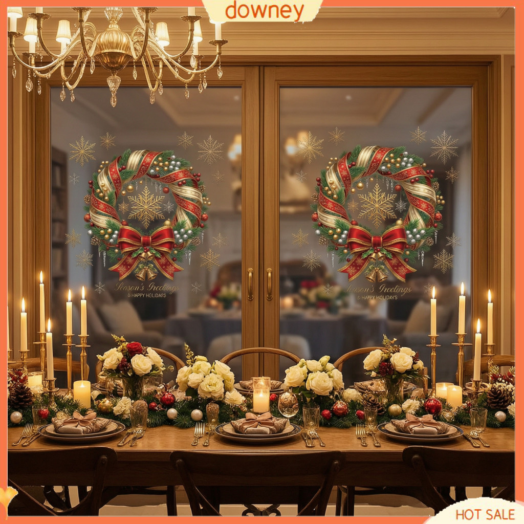 Christmas Wreath Window Cling Stickers Reusable Snowflake Bell Static Decals for Glass Door No Glue Holiday Decorations