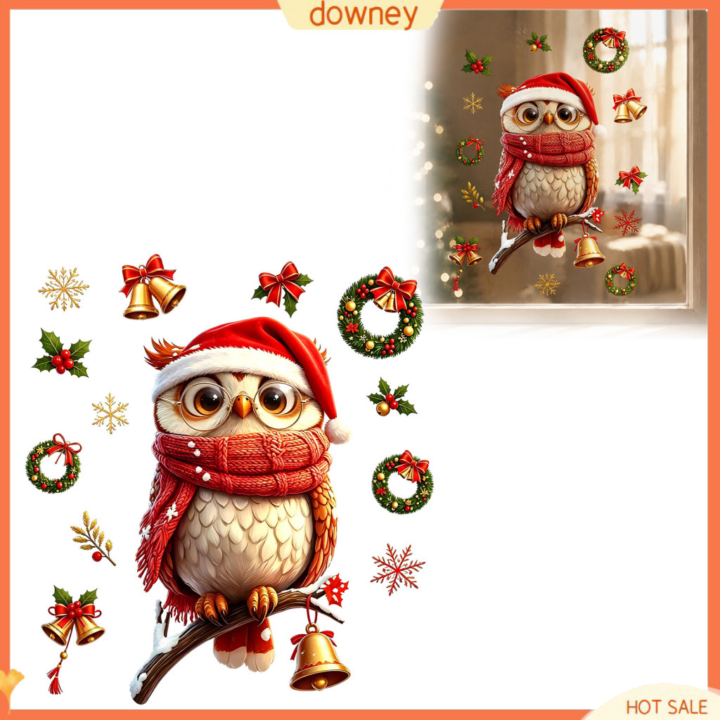 Christmas Owl Window Clings Set – Santa Hat Scarf Wreath Bell Snowflake Static Decals No-adhesive Glass Stickers for X