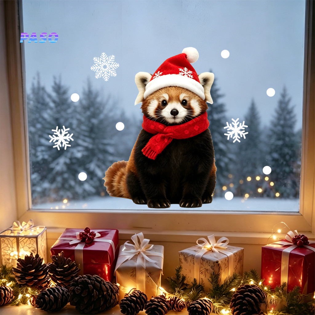 Christmas Window Clings Festive Wall Stickers Cute Cat Puppy Raccoon Waterproof Pvc Glass Decals for Home and Store Holi