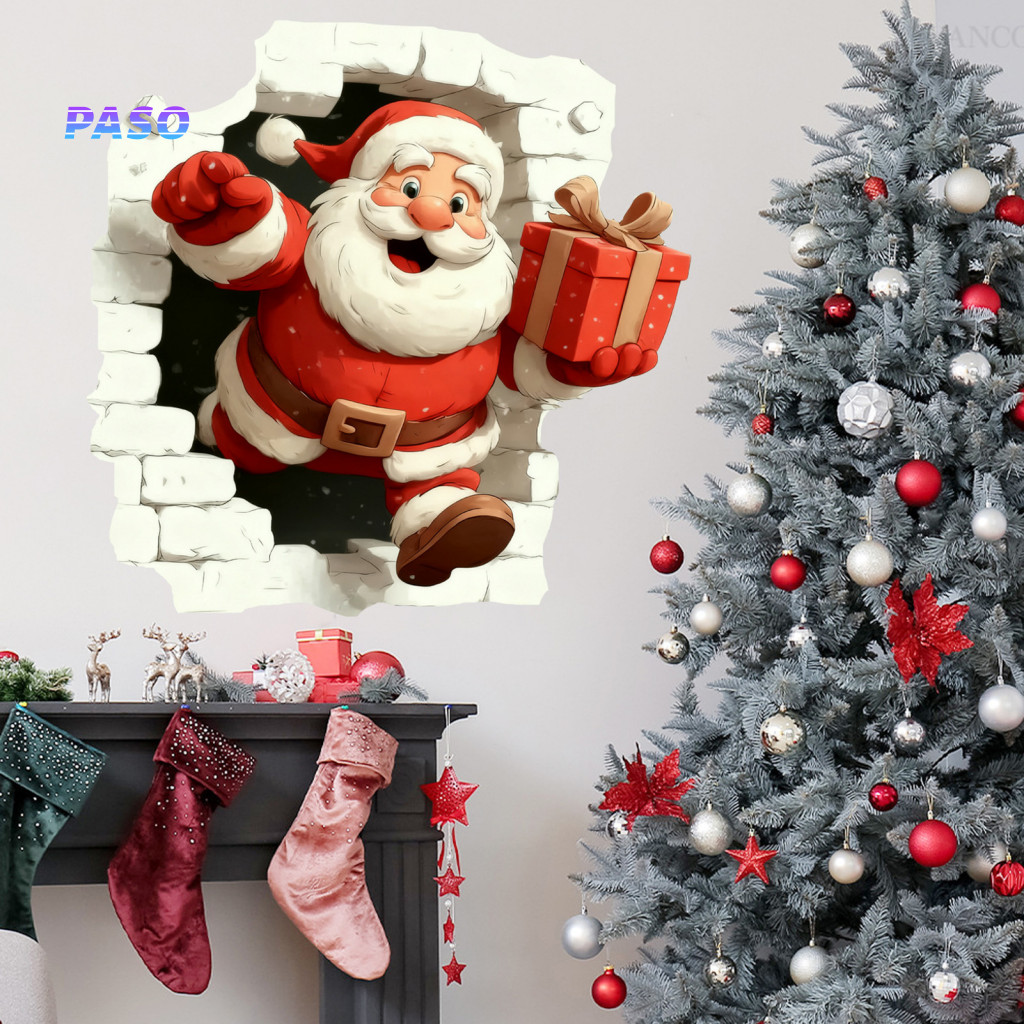 Christmas Wall Decals Waterproof Glass Decorations 3d Santa Claus Reindeer Stickers Removable Self-adhesive Window for H