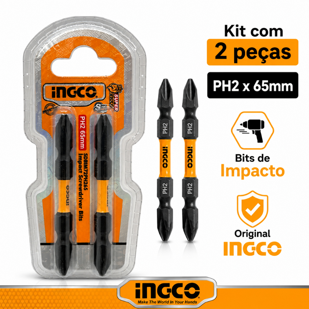 Kit Bits Impact Black Ingco 2 Peças PH2x65mm S2 Industrial Parafusadeira Furadeira Madeira Metal Plástico SDBIM72PH265
