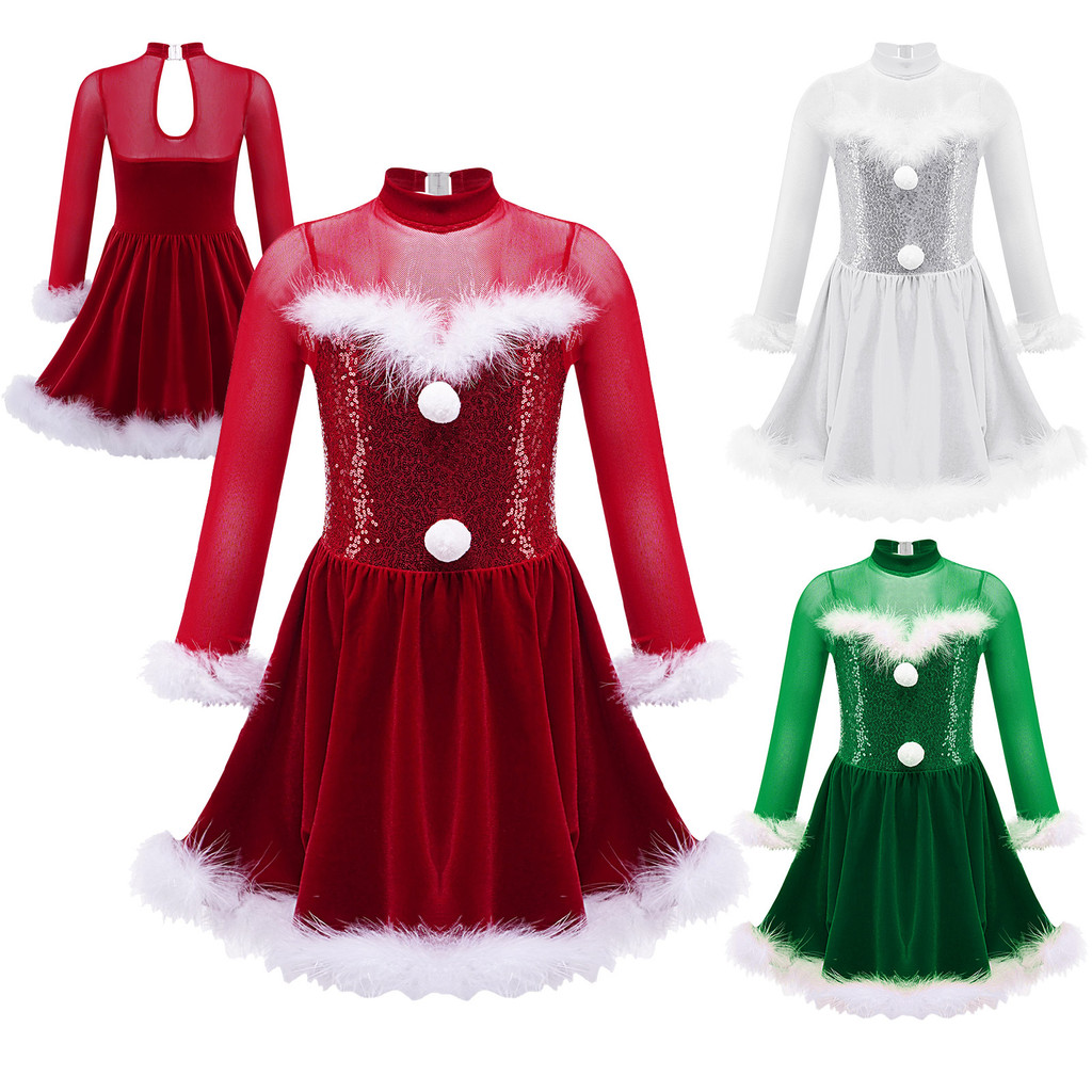 inhzoy Kids Girls Christmas Shiny Sequin Dance Dress Long Sleeve Feather Keyhole Back Jumpsuit Dress for Performance