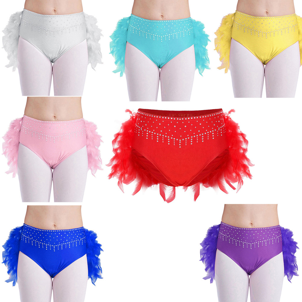 inhzoy Kids Girls Feather Dance Bottoms Sparkly Rhinestones Elastic Waistband Briefs Stage Performance Costume