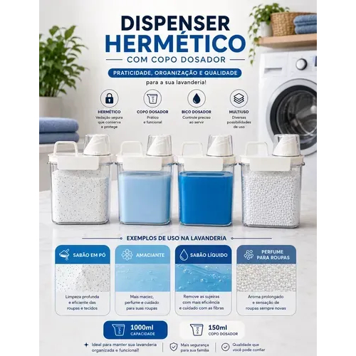 Kit 2 Dispenser Organizador Lavanderia Pote Porta Detergente Amaciante Sabão em Pó Liquido1L C/Copo Medidor