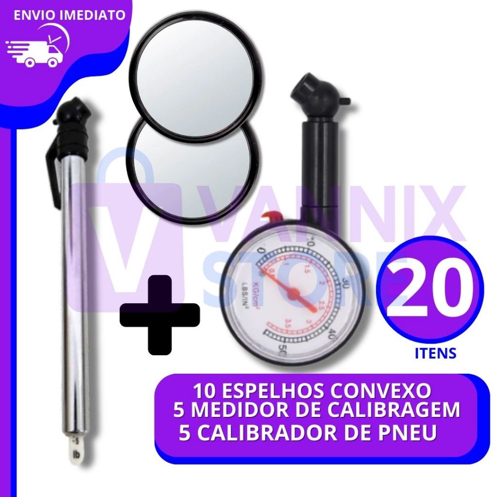 Kit 3 em 1: Calibrador de Pneu + Medidor de Pressão + Espelho Convexo 5cm