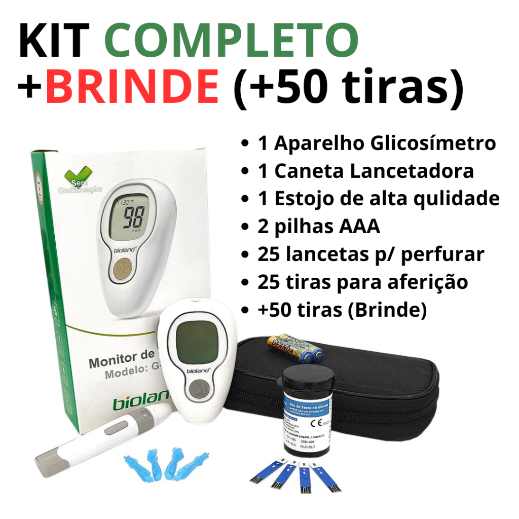 Kit Medidor de Glicose Bioland G-425-3 Completo com Lancetador + 75 Tiras e Acessórios