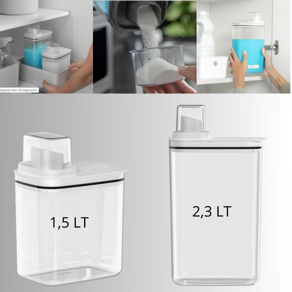 Kit Dispensers Organizador 1,5L + 2,3L Lavanderia Cozinha Sabão em Pó Amaciante com Copo Medidor