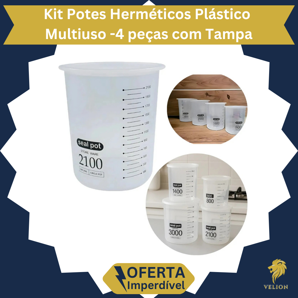 Kit 4 Potes Herméticos com Tampa Medidor Plástico Atóxico Multiuso Com Medidas Grandes Resistentes