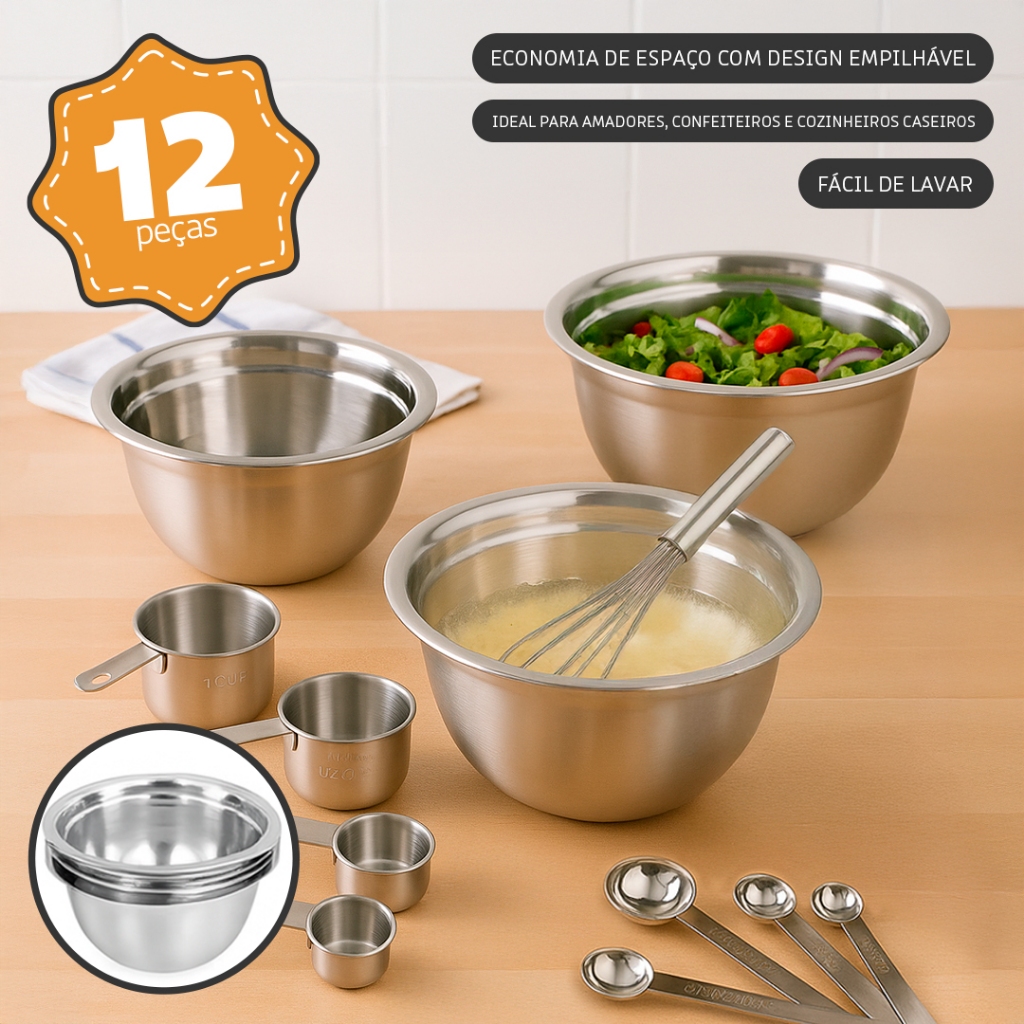 Conjunto 12 Peças em Inox com Tigelas, Copos, Colheres Medidoras e Fouet