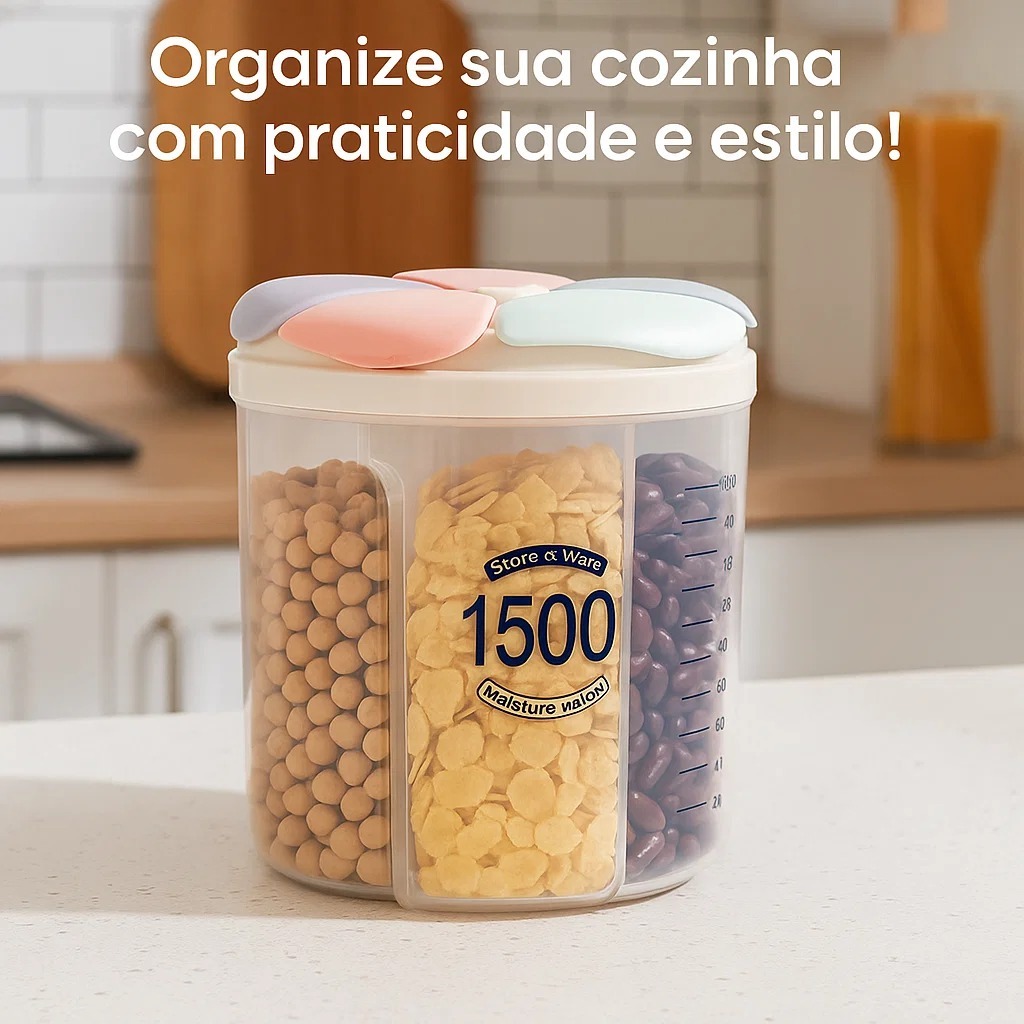 Kit Pote Plástico Armazenador Medidor 4 Divisórias Organizador Cozinha BPA Free Arroz Feijão Açúcar Transparente Tampa