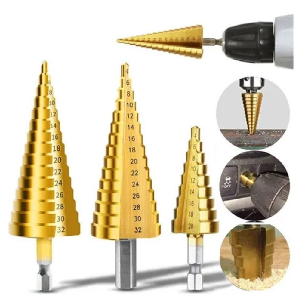 Kit 3 Brocas Escalonada Aço Profissional Para 12mm/20mm/32mm