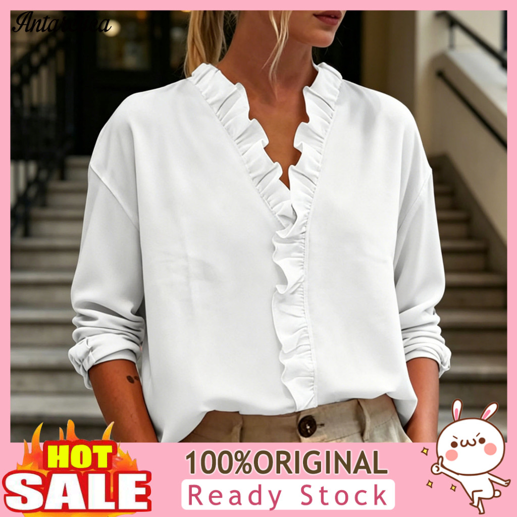 Shirt Women Women’s V-neck Ruffle Trim Long Sleeve Solid Color Pullover Top Regular Fit Collar Blouse for Wear Stylish