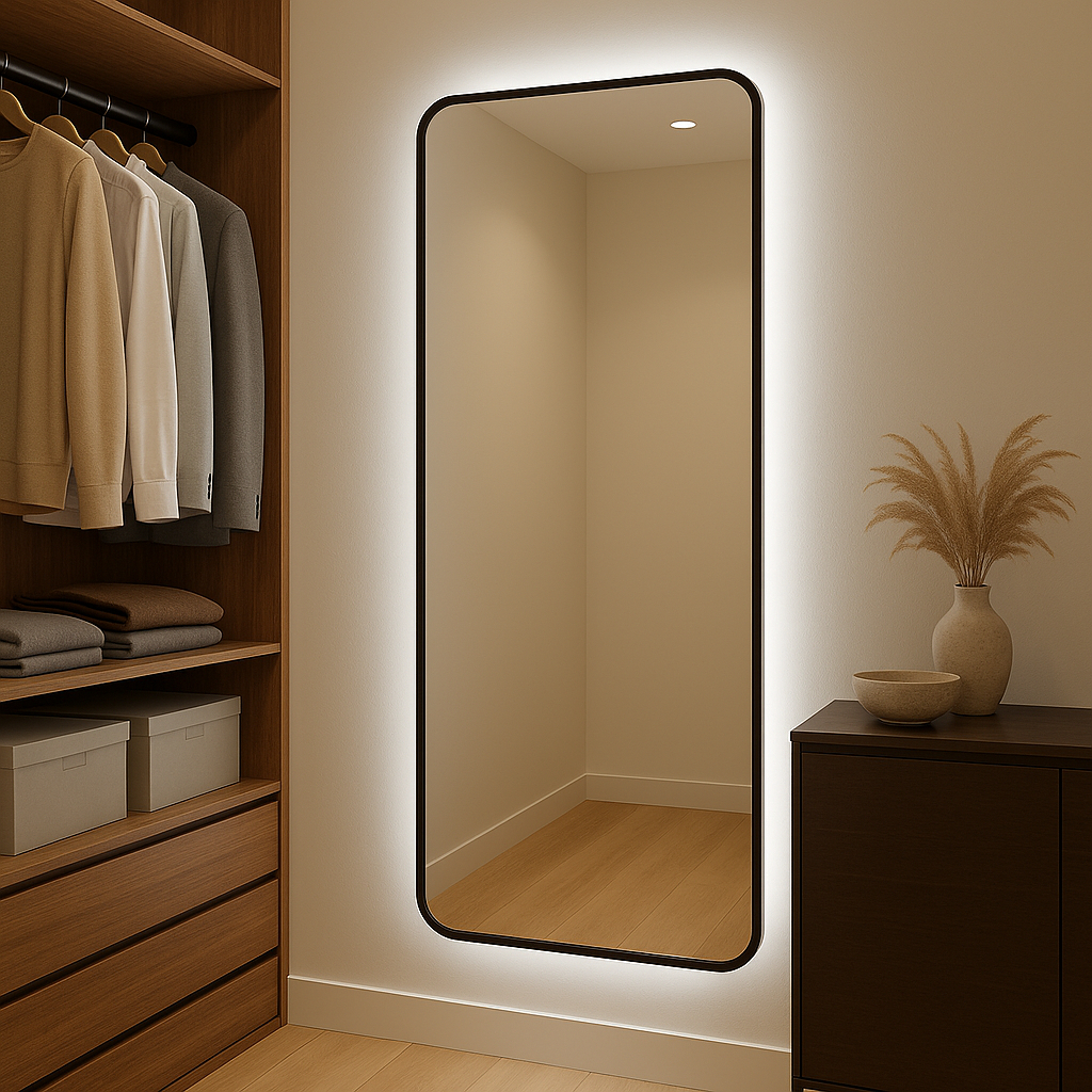 Espelho Retangular 150cm SL Moldura Metal Com Led Bivolt Quarto 3 Tons Quente 3000K Neutro 4000k Frio 6000k 240 Lúmens