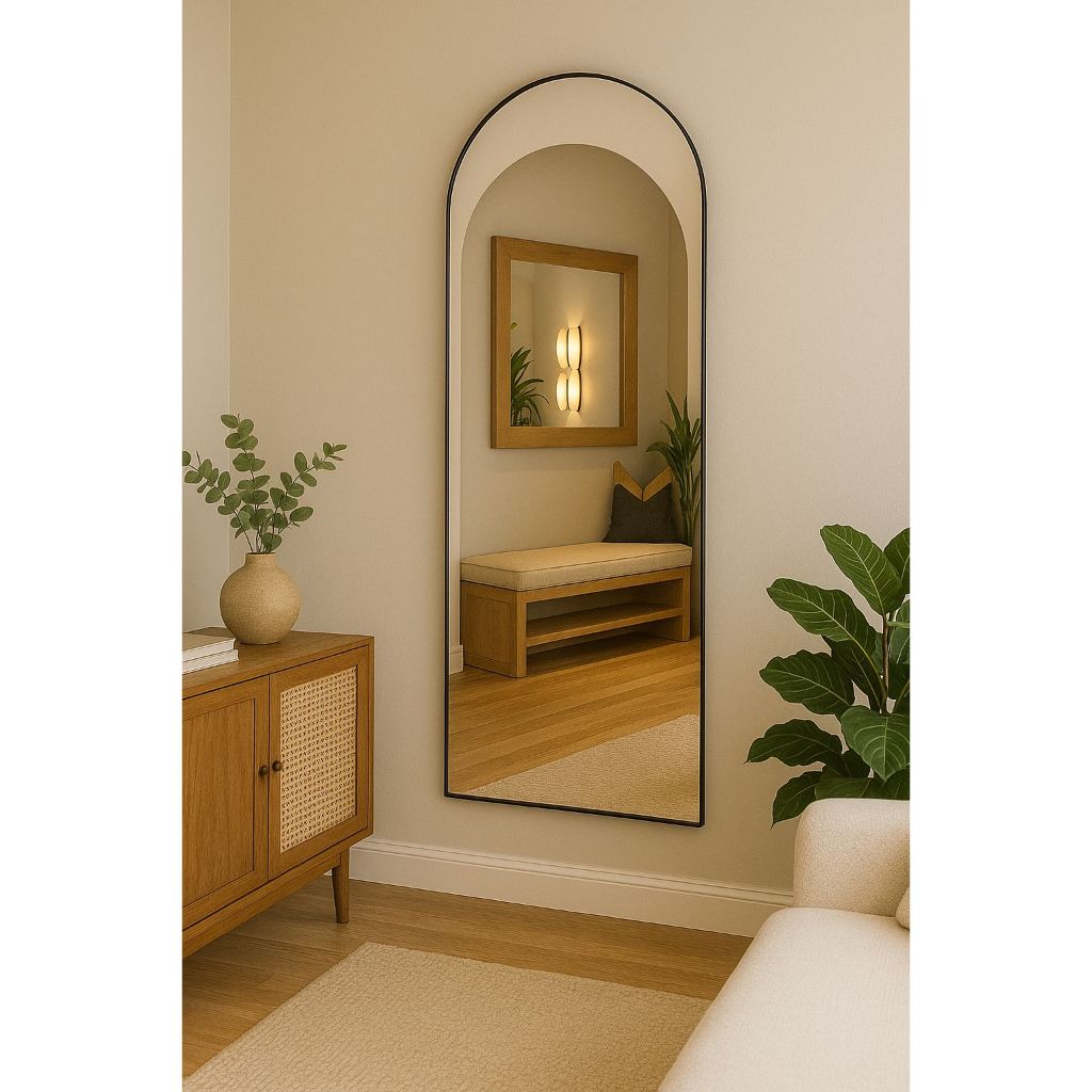 Espelho 150cm x 40cm Corpo Inteiro Grande Oval com Base Reta Moldura em Alumínio Quarto Sala Hall