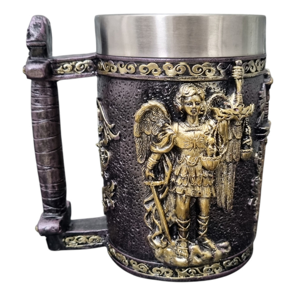 Caneca Medieval Artesanal Anjo Geek 3D em Resina Copo em Aço Inox Grande Térmico Chopp Cerveja Presente 600ml