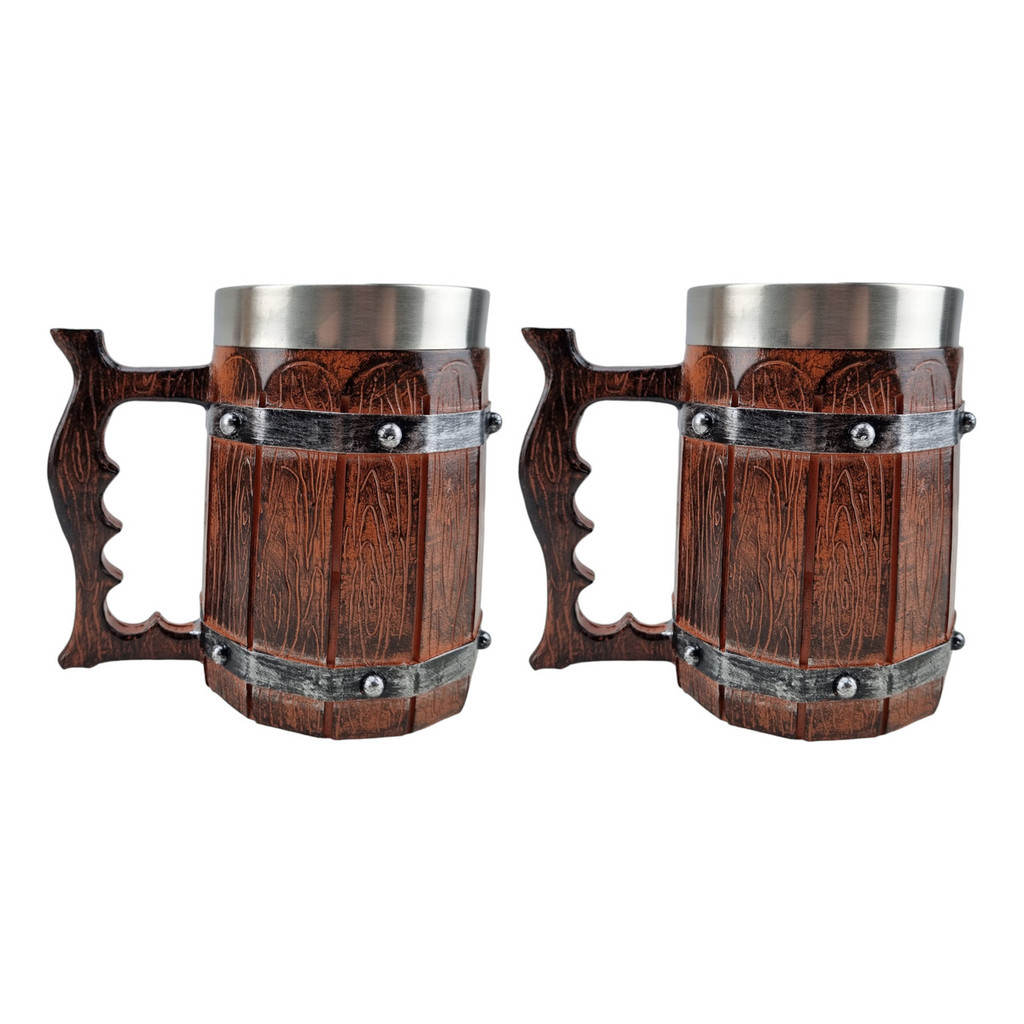 Kit 2 Caneca Medieval Artesanal Geek 3D em Resina Copo em Aço Inox Chopp Cerveja Presente 600ml