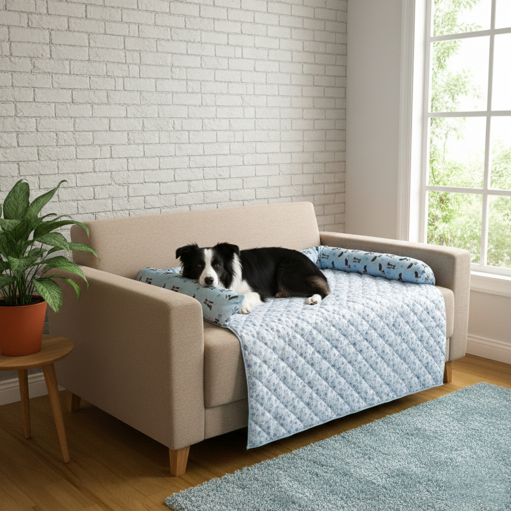 Protetor de Sofá Caminha Pet Azul Border Estampada com Zíper Refil Removível para Cães Porte Grande