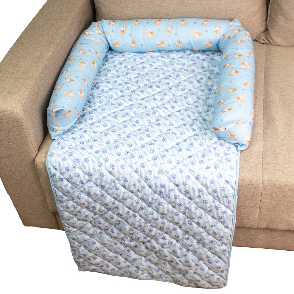 Cama Pet Protetor de Sofá Com Ziper Reforçado Estampa Spitz Azul Para Cães de Raças Pequenas Premium
