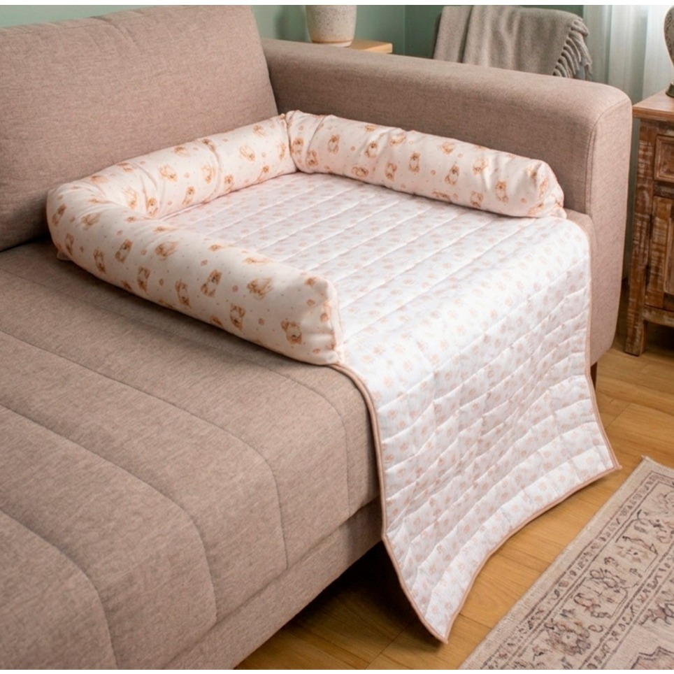 Cama Pet Protetor de Sofá Com Ziper Reforçado Estampa Spitz Bege Para Cachorros Porte Pequeno Luxo