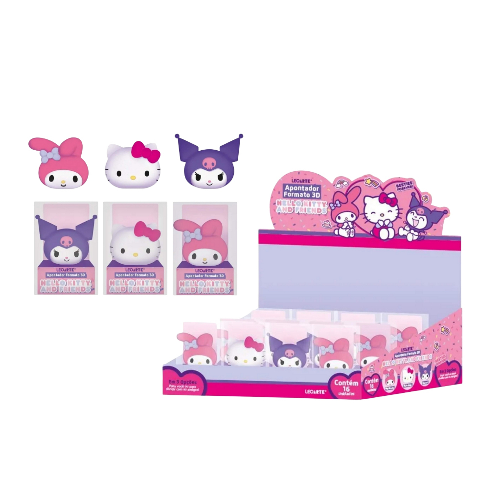 Apontador Formato 3D Hello Kitty e Amigos Sortido Display C/ 16 Unidades Leoarte Leonora Papelaria