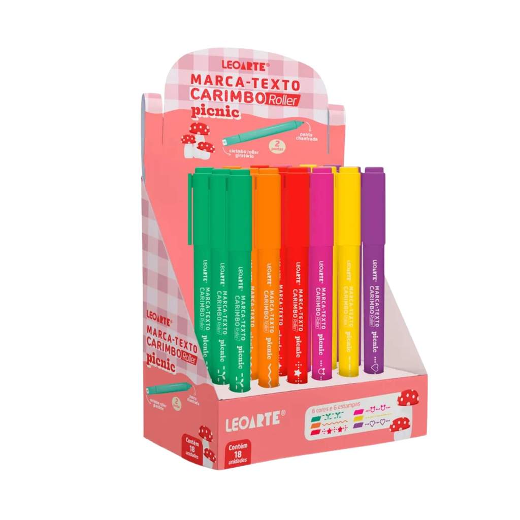 Caneta Marca-Texto Carimbo Roller Picnic 6 Cores - Display c/ 18 unidades Leoarte Leonora - 72712