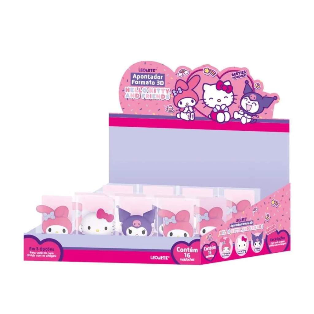 Apontador Formato 3D Hello Kitty e Amigos Sortido - Display C/ 16 Unidades Leoarte Leonora - 10557