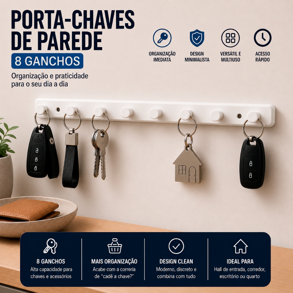 Porta Chaves de Parede 8 Ganchos Organizador Hall Entrada Escritório Multiuso Minimalista