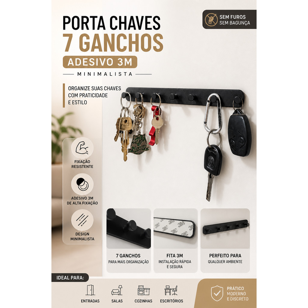 Organizador de Chaves com 7 Ganchos Minimalista de Parede para Hall de entrada