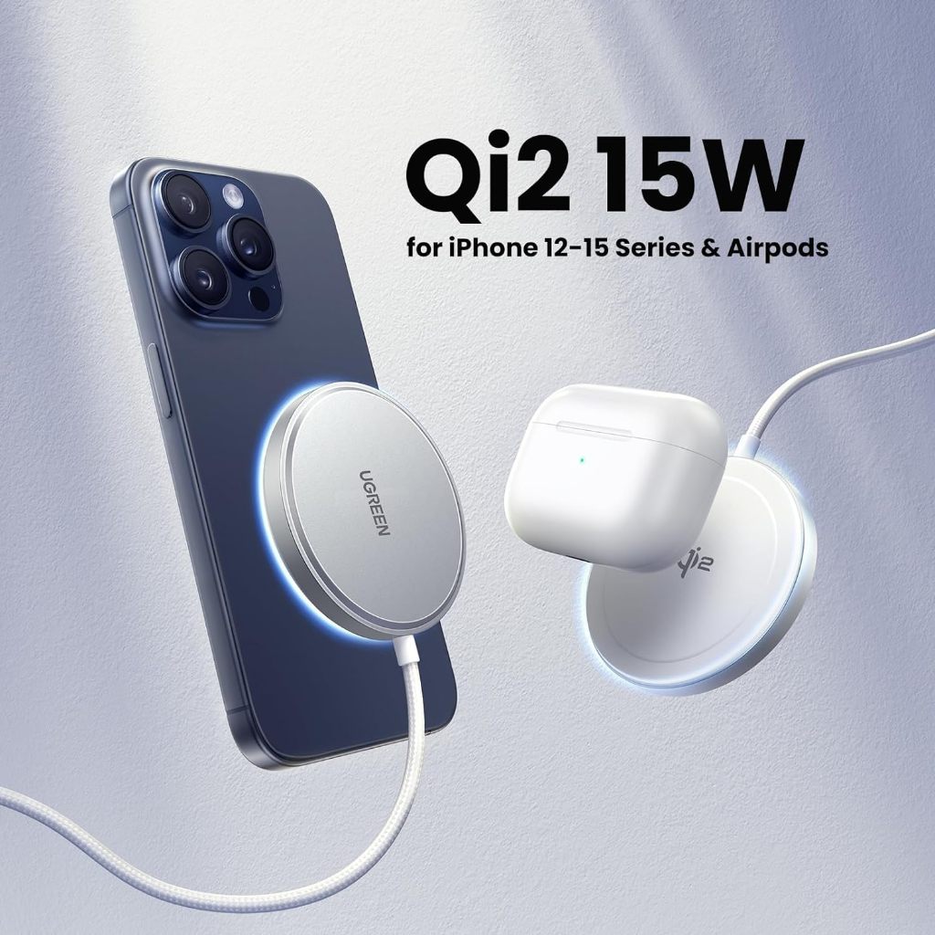 Ugreen Carregador sem fio Magsafe 15W padrão Qi certificado mfm ( com cabo USB C de 1,5M integrado ) Indução Magnético Wireless compatível 15 Plus Pro Max 14 13 12 série AirPods Pro