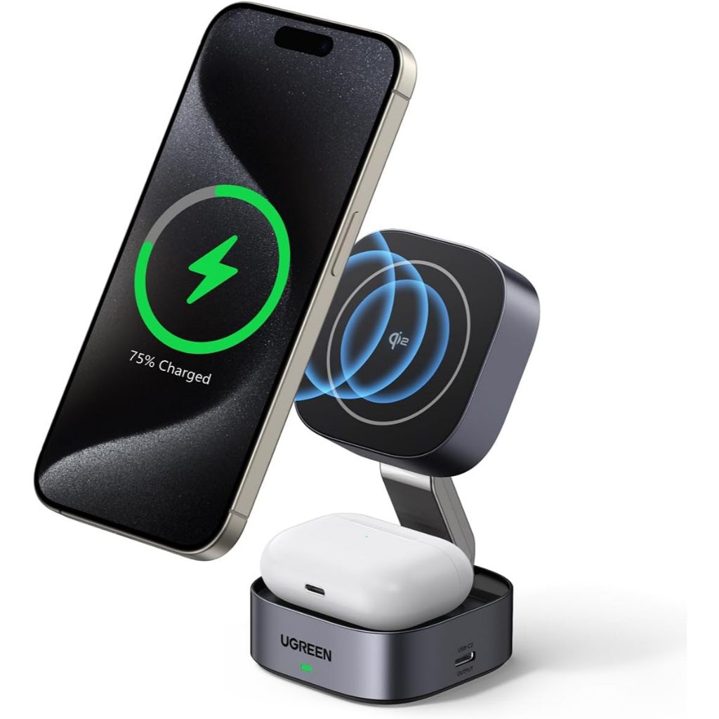 Carregador indução sem fio ugreen 15W Suporte magnético 2 em 1 Qi2 Compatível Magsafe iPhone 15 14 13 12 Series AirPods