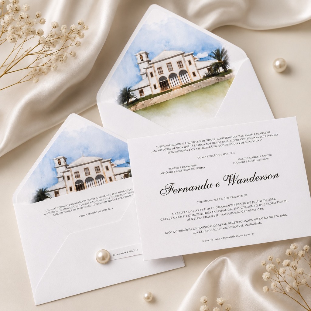 Convite + envelope de Casamento com  Ilustração em aquarela e Fechamento em Pérola elegante